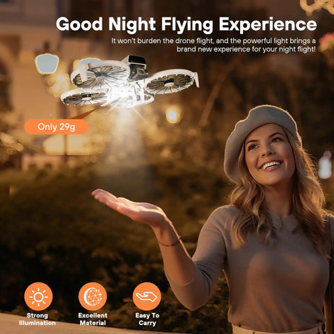 Woman showing Lighted Landing Gear 2-In-1 Kit for Flip Drone, Night Flight LED Support with 65 lumen light in night scene.