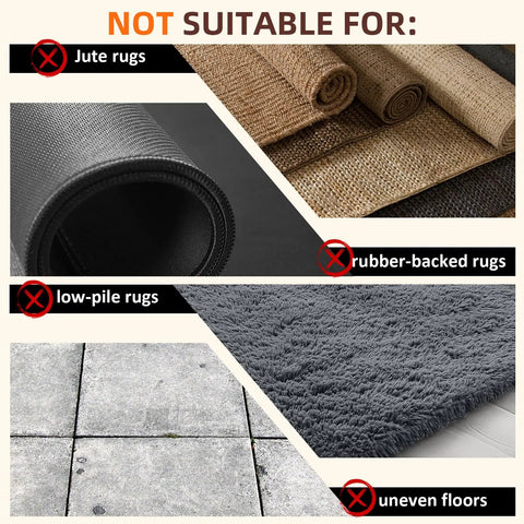 Not suitable surfaces for 24 Piece Rug Gripper Set Non Slip Carpet Tape showing jute, rubber rugs, low-pile rugs, and uneven floors.