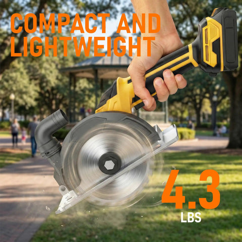 6 Inch Brushless Cordless Circular Saw Compatible With DeWalt 20V Max Battery, weighing 4.3 lbs, suitable for outdoor wood cutting.
