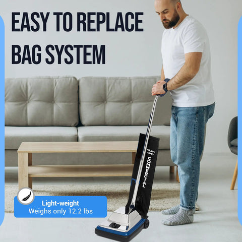 Heavy Duty 12 Inch Commercial Vacuum Cleaner With Shake Out Bag For Carpets And Hard Floors features lightweight chrome hood and easy bag system.
