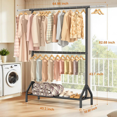 Built Like A Boss Double Rod Clothing Rack In Matte Black Steel, displaying garments on hangers, tall design with ample storage.