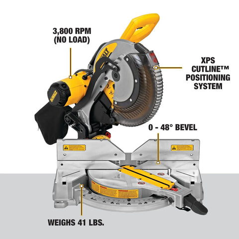 12 Inch Miter Saw With Double Bevel And Compound Cutline 15 Amp Power XPS Cutline Illumination Stainless Steel Detent Plate With 14 Positive Stops Tall Sliding Fences For Crown Molding And Base Molding