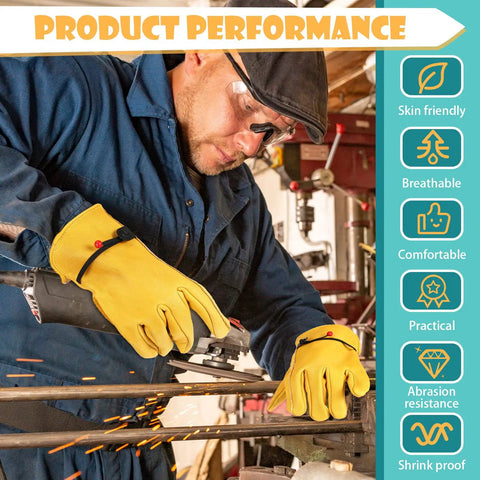 Man wearing Six Pairs Tough As Nails Large Cowhide Leather Work Gloves With Reinforced Palm And Stretchable Wrist For Gardening, Wood Cutting, Construction, Driving, And Heavy Duty Yard Tasks using power tool