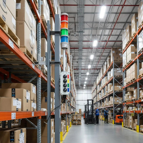 Top Notch Four Stack Led Andon Tower Light With Built In Buzzer For Industrial Workstations signaling in a warehouse aisle.