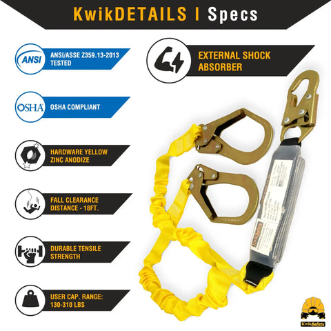 All In One Safety Lanyard Kit With Harness And Anchor For Fall Protection External Shock Absorber Water Resistant Pro Grade OSHA ANSI Rated Roofing And Construction Gear With Rebar Hook Connector displayed with specifications.
