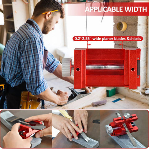 Heavy Duty Adjustable Honing Guide For Chisels And Planes That Delivers Rock Solid Fixed Angle Precision To Get You A Razor Sharp Badass Edge On Your Whetstone With Zero Fuss, shown in use on blades and chisels.