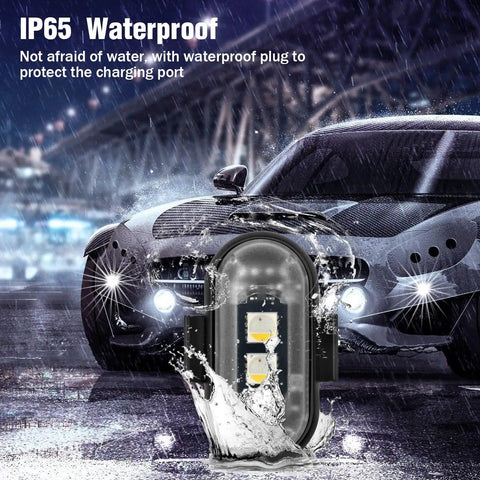 Wireless LED Strobe Lights With Remote Control 8 Color Rechargeable Anti Collision Emergency Warning Kit shown with car in rain
