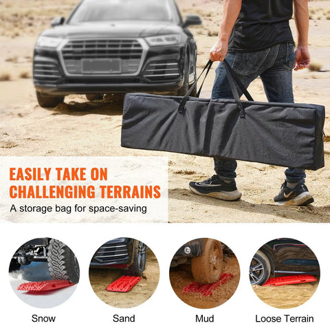 Man carrying storage bag for Long Red 10 Ton Traction Boards For Off Road Adventures, with images of use in snow, sand, mud.