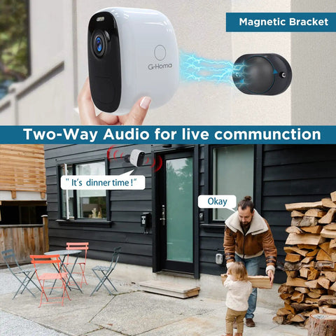 Wireless Outdoor Security Camera 2.5K Ultra HD with two-way talk installed on house exterior using magnetic bracket.