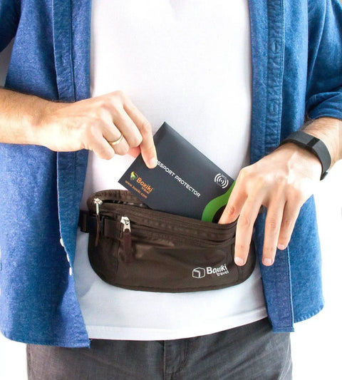 Person using RFID Blocking Travel Sleeves Set With Color Coding Navy Blue Unisex Wallet to store cards and passport in a pouch