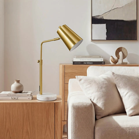 Gold Desk Lamp With LED Bulb Adjustable Brass Finish Metal Table Lamp With Marble Base Mid Century Modern Reading Lamp For Office And Bedroom 350 Degree Rotating Head Industrial Task Light on wooden table beside couch