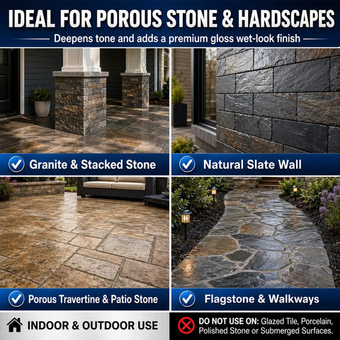 Slick Wet Look Stone Sealer Hella Durable Water Based Color Enhancer For Outdoor Pavers Concrete Patio Driveway Brick Masonry Rock Solid Finish In One Full Gallon applied on granite, patio stone, and natural slate surfaces.