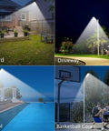 Two Pack 200W Solar Street Lights With Motion Sensor Dusk To Dawn 10000LM Bright Outdoor Flood Lights illuminating various areas