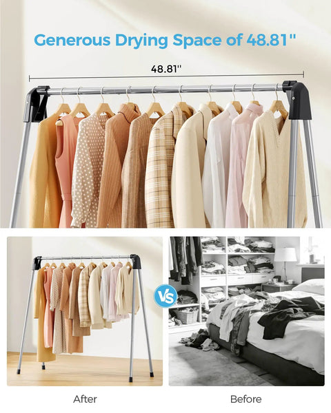 Foldable Clothes Drying Rack Portable Laundry Stand Sturdy Hanging Bars Compact Airer For Apartments Dorm Rooms Closets Quick Dry Setup Zero Fuss Easy Everyday Storage with 48.81 inch drying space.