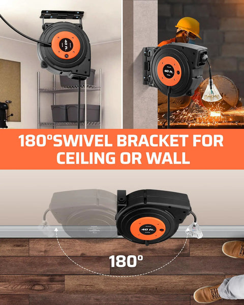 Retractable Extension Cord Reel With 40 Ft Heavy Duty 12 AWG SJTOW Cord, mounted on wall with 180° swivel bracket, UL Listed