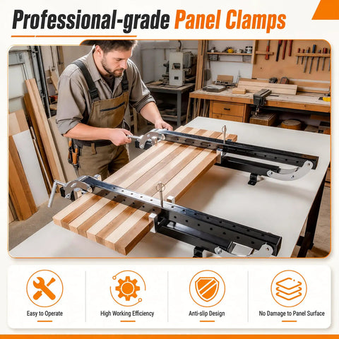48 Inch Panel Clamps 2 Pack With U Shaped Pressure Blocks And Adjustable Parallelogram Couplers securing wooden panels in a workshop.