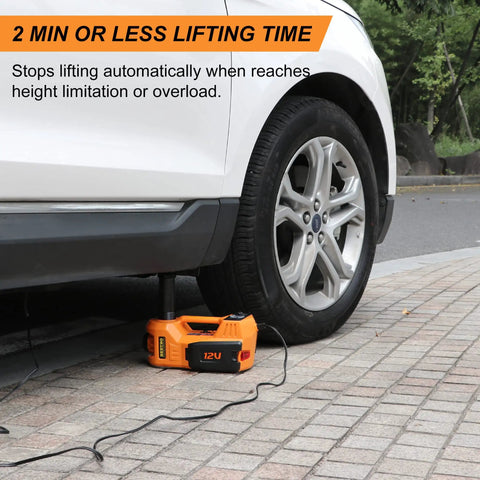 5 Ton 12V Electric Car Jack Kit With Portable Wrench And Tire Inflator Pump, LED Work Light And Warning Light, 4 In 1 Emergency Tire Change For SUV MPV Sedan, Garage Repair, Compact Yet Powerful, shown lifting vehicle.