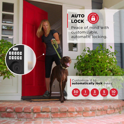 Slick Matte Black Electronic Deadbolt Door Lock With 10 Button Keypad For Zero Fuss Keyless Entry, woman exiting home with dog.
