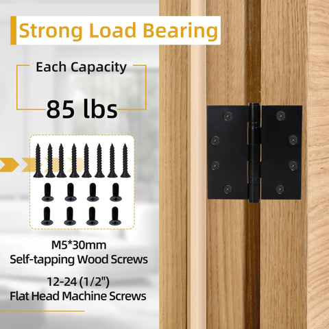 Installed black 4.5x4.5 inch heavy-duty door hinge on wood door frame with screws