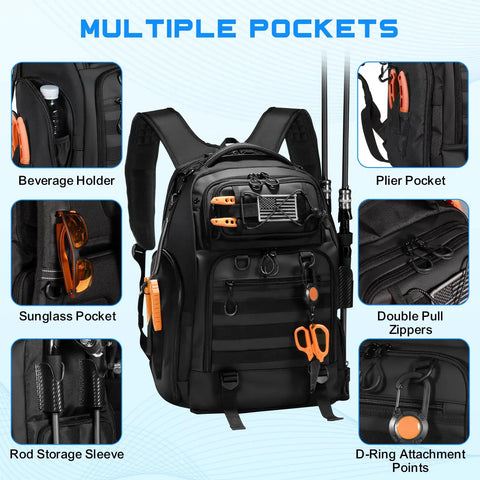50L Fishing Tackle Backpack With Removable Lure Wraps, Four Clear View Tackle Boxes, Two Rod Holders, Versatile Gear Bag front view