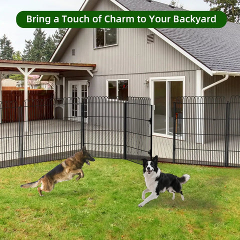 No Dig Tall Decorative Garden Fence With Double Lock 40 Inch High Panels installed in a backyard with animals playing nearby.