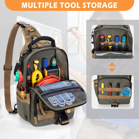 Built Different Electrician Tool Pouch Bag Featuring Heavy Duty Canvas And Twin Zippered Hvac Organizer Slots For Skilled Tradesmen Grinding Out Long Shifts displaying a tool bag with organized tools and wiring.
