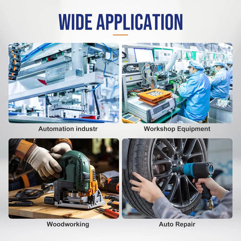 Four images showing wide application: automation industry, workshop equipment, woodworking, and auto repair.