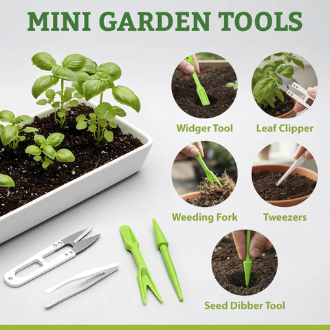 Mini garden tools set including widger, leaf clipper, weeding fork, tweezers, and seed dibber next to a potted plant