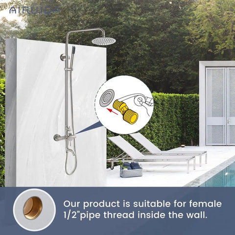 Outdoor Shower System in SUS304 Brushed Nickel, 8 Inch Rainfall Head by poolside, with wall mount tub spout and handheld spray