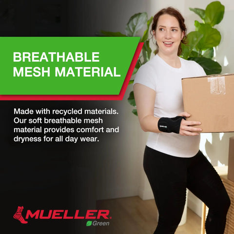 Person wearing Fitted Wrist Brace For Pain Relief And Solid Support With Carpal Tunnel Tendonitis And Arthritis One Hand Cinch Adjustment Right Hand Black Small Medium Large XL while holding a box