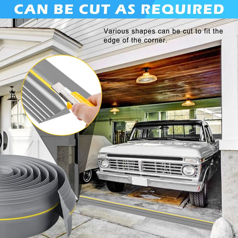 Durable 20 Ft Universal Garage Door Bottom Threshold Seal With 20 Oz Glue Gel Weatherproof Rubber DIY Weather Stripping Replacement Grey For Cold Weather Draft Protection shown being cut and installed on a garage with truck