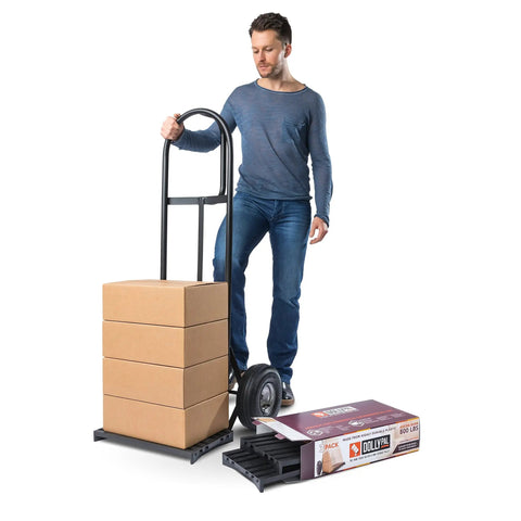 Built Tough Hand Truck Helper And Mini Storage Pallet Deck Made For Smooth Sailing On Concrete Floors With Serious Weight Carrying Power For Heavy Jobs Three Pack with boxes on a dolly.