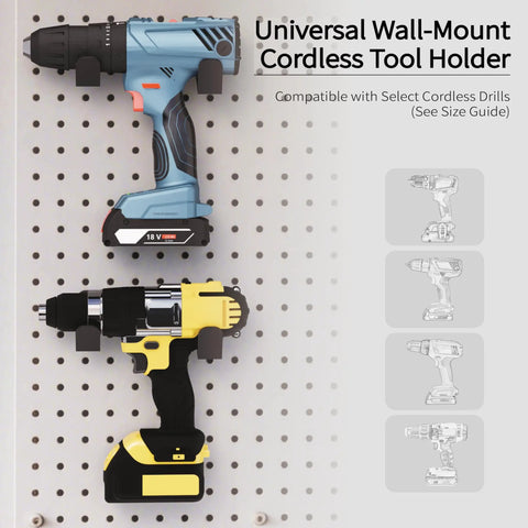 Beefed Up Heavy Duty Drill Holder Wall Mount Universal Cordless Drill Dock 2 Pack with drills on pegboard