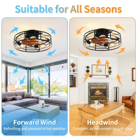 Caged Ceiling Fan With Light 20 Inch Low Profile Flush Mount Industrial Vibe With Ultra Quiet Reversible Motor Remote Control in living room.