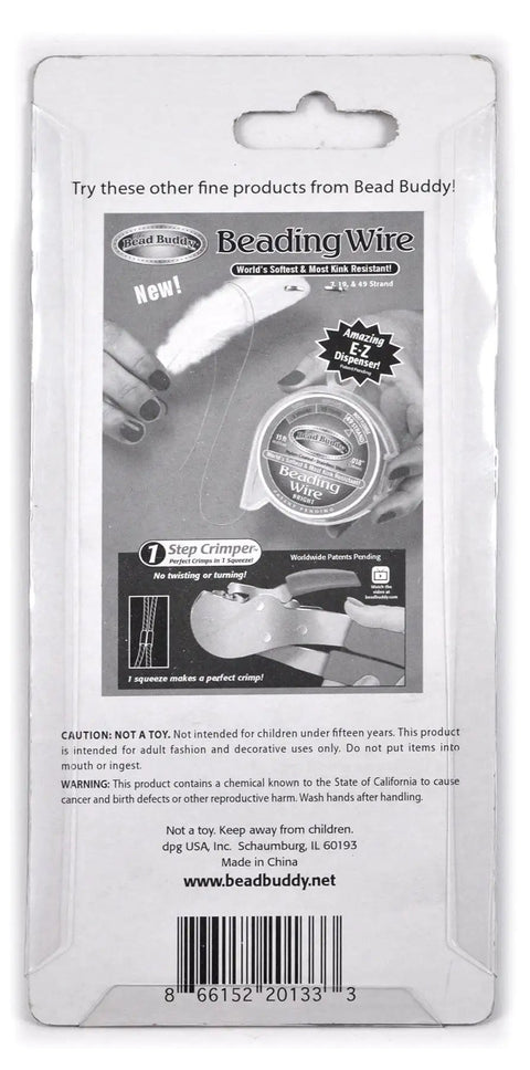 Back packaging view of Bead Buddy Beading Wire with instructions for crimping, featuring product details and barcode.