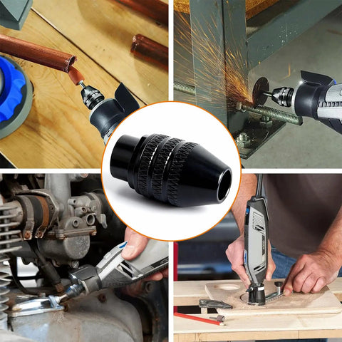 Tough As Nails 10 Pack Keyless Rotary Tool Chuck on various tools showing quick swap capabilities and compatibility with Dremel Minis.