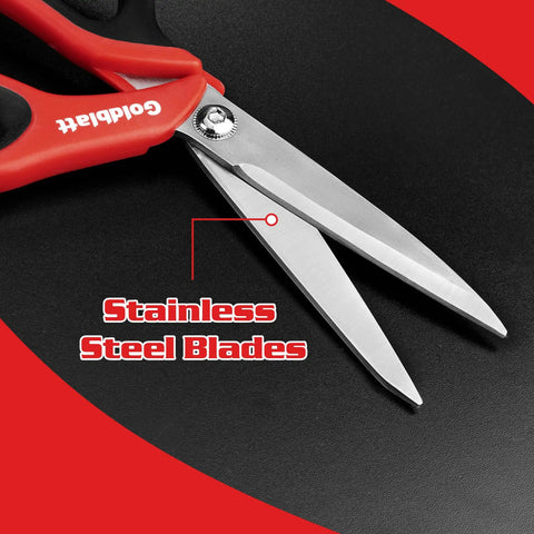 Go To Workhorse Heavy Duty Scissors Set 2 Piece Multipurpose Shop Shears 8 Inch And 10 Inch Non Slip TPR Grips Ergonomic Handles Durable Steel For Fabric Cardboard Duct Tape And More stainless steel blades close-up