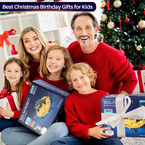 Family with Solar Robot Kit, a hands-on STEM building robots kit for kids ages 8 to 12 with solar powered space robot toys, 120 pieces.