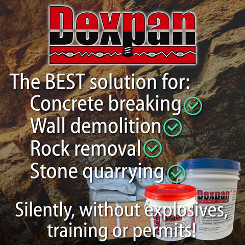 Image of Dexpan containers for concrete breaking and rock removal, promoting no explosives needed, featuring the product logo and uses.