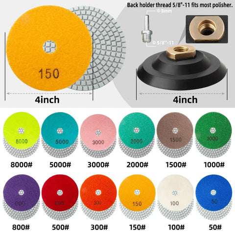 13 Pack 4 Inch Diamond Polishing Pads With Five Eighths Inch 11 Backer Pad Wet Dry Kit showing various grits for stone surfaces