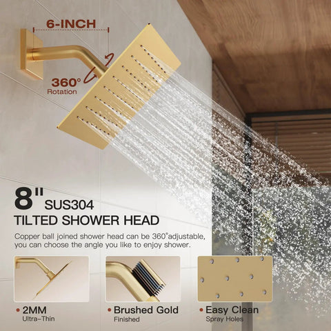 8-inch SUS304 tilted shower head in brushed gold finish, 360° adjustable, part of Legit Top Shelf Gold Shower System.