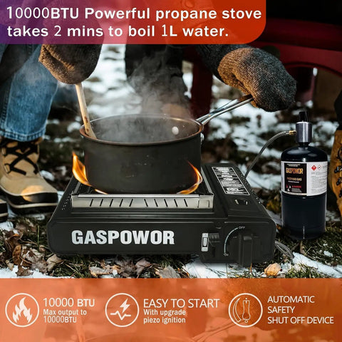 Person using Dual Fuel Camping Stove With Wind Blocker 10000 BTU Portable Propane Or Butane Stove Auto Ignition outdoors