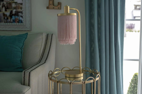 Framboise Fringe Shade Table Lamp With Gold Leaf Finish, Steel Traditional Style Accent Light for Living Room Side Table