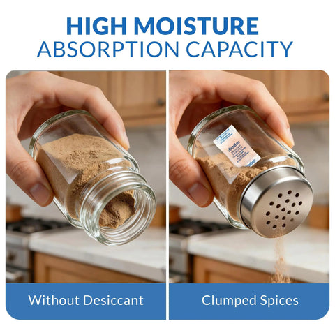 Comparison of spice jar with clumped spices vs. one using Three Hundred Super Handy Color Indicating Silica Gel Desiccant Packets Half Gram Each Packed In Resealable Ziplock Bag Ideal For Spice Jars Vitamin Bottles Seed Envelopes To Keep Stuff Fresh And Dry.