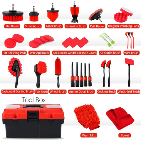 All In One 35 Piece Car Detailing Kit With Windshield Tool Long Wheel Brush Two Angled Brushes Four Polishing Pads And Four Wax Pads Red Tool Box Perfect Gift For Men Who Love DIY Auto Cleaning And Detailing displayed with tools and brushes