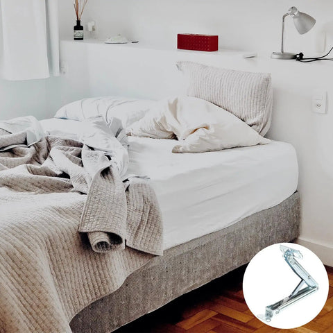 Adjustable Lift Up Cabinet Hinge Kit With Pneumatic Soft Close in a cozy bedroom setup with soft lighting