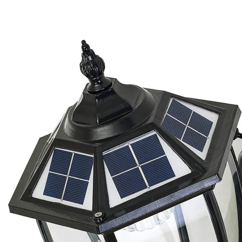 Top view of Solar Powered Wall Lamp with Light Sensor Auto On At Night Waterproof Outdoor LED Hexagonal Sconce showing solar panels.