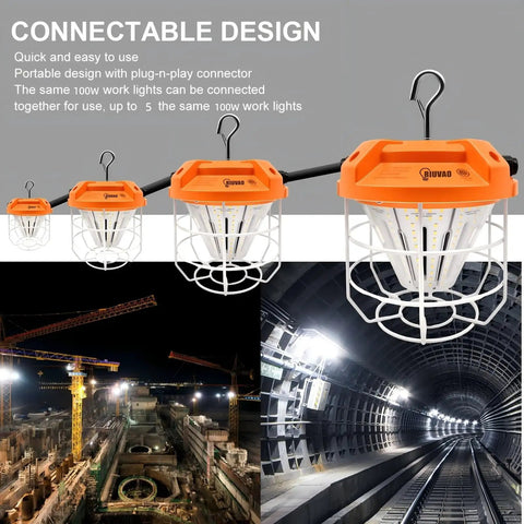 Boss Level 100W LED Work Light Pumping Out 15000 Lumens connected in a dark construction site for intense illumination.
