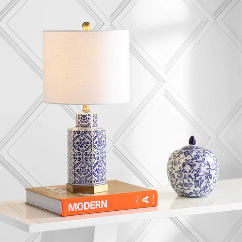 Blue And White Ginger Jar Ceramic LED Table Lamp With Hex Damask Pattern White Linen Shade Brass Accents Includes LED Bulb ETL Listed About 24 Inch Tall Modern Rustic Corner Accent Light on shelf.