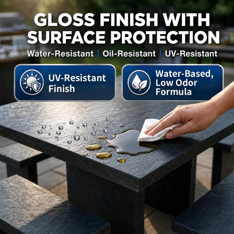 Slick Wet Look Stone Sealer Hella Durable Water Based Color Enhancer For Outdoor Pavers Concrete Patio Driveway Brick Masonry Rock Solid Finish In One Full Gallon application on a textured table surface.